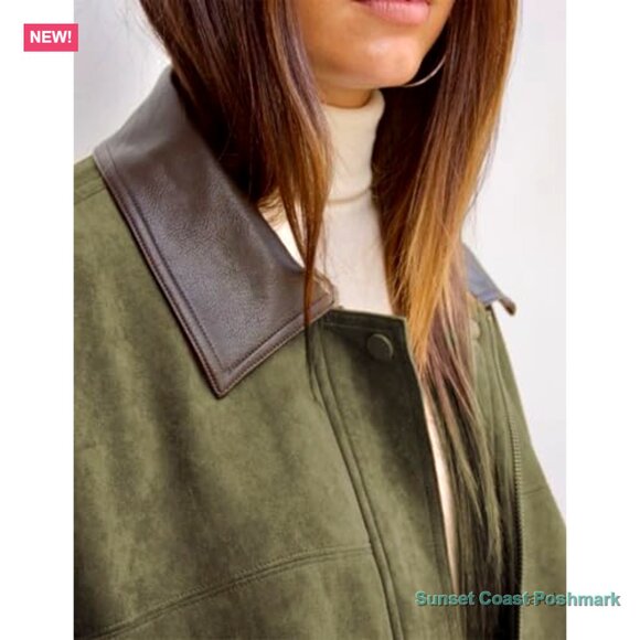 Faux Suede Bomber Jacket Oversized Cropped Zip Up Outerwear - Picture 5 of 7